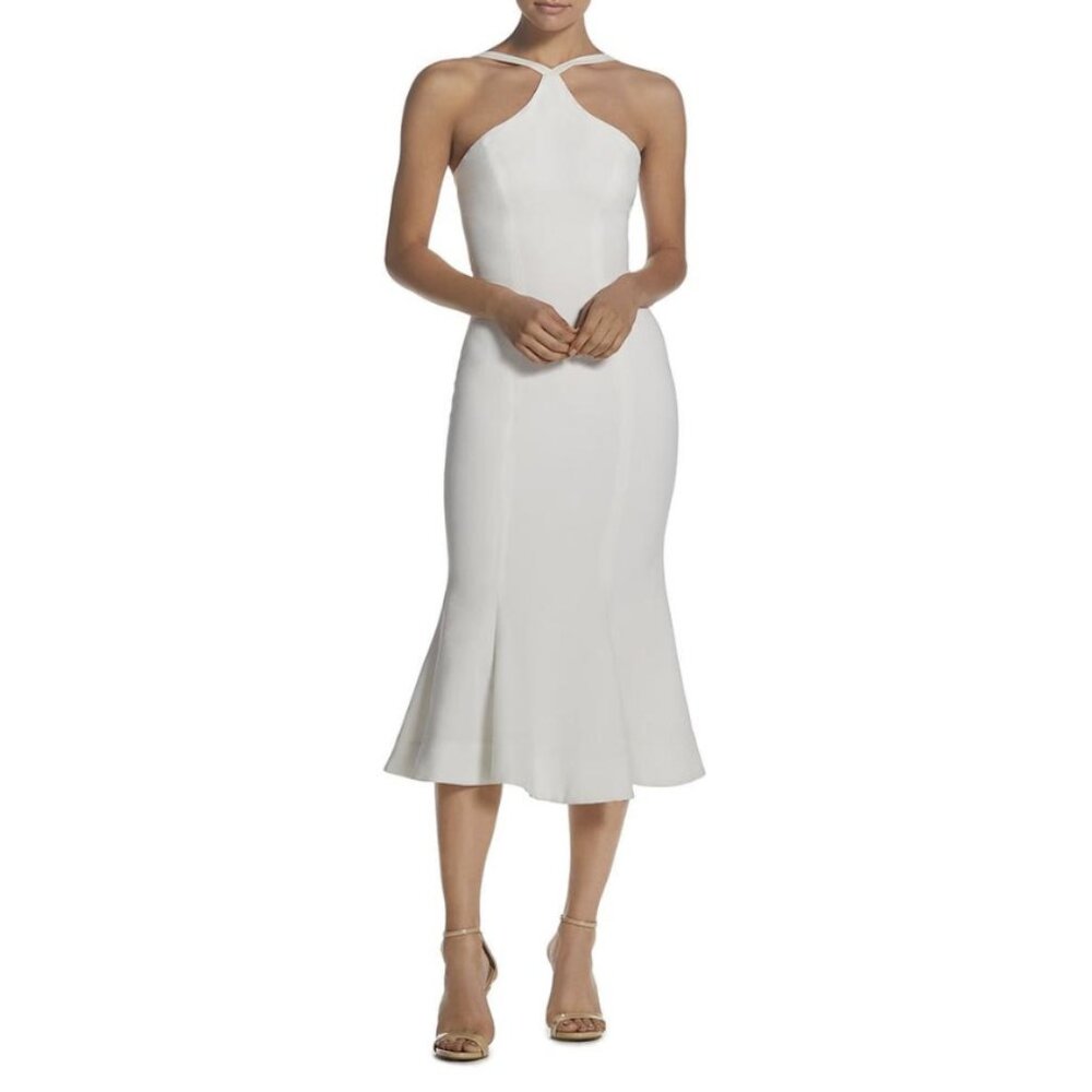 🤍✨ Dress The Population "Tessa" Halter Crepe Midi Dress - Size S (Fits Li…